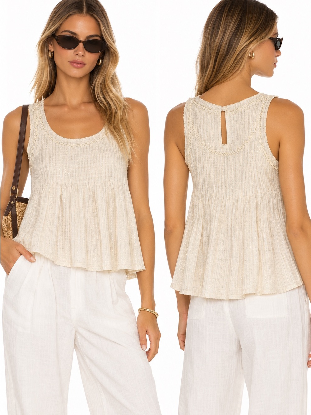 Anthropologie Ivory Smocked Yoke Sleeveless Tank